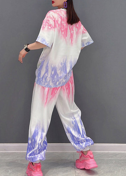 Modern Red Gradient Color O-neck Tanks and Pants Two Pieces Set Half Sleeve