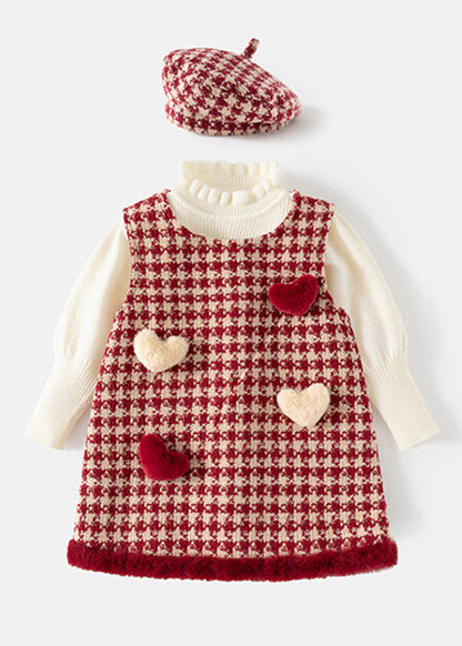 Modern Red Love Kids Hat Warm Dress and Sweaters Three Pieces Set Spring