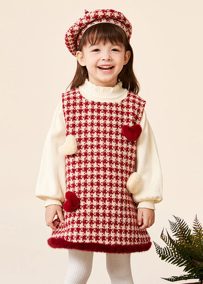 Modern Red Love Kids Hat Warm Dress and Sweaters Three Pieces Set Spring