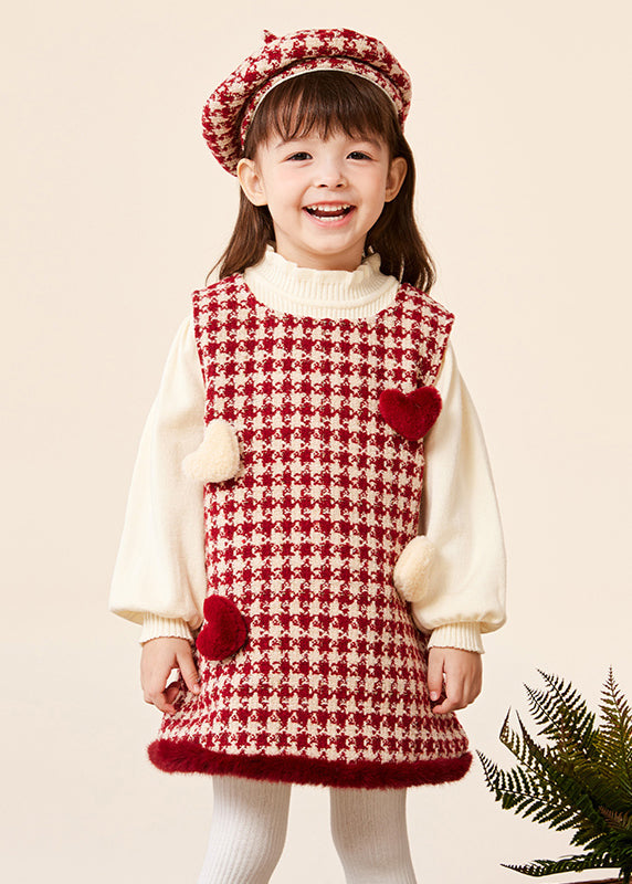 Modern Red Love Kids Hat Warm Dress and Sweaters Three Pieces Set Spring