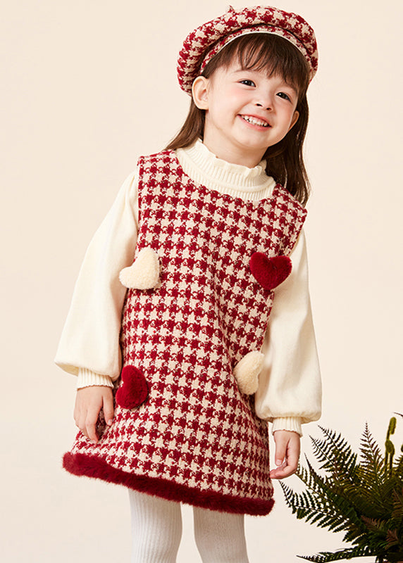 Modern Red Love Kids Hat Warm Dress and Sweaters Three Pieces Set Spring