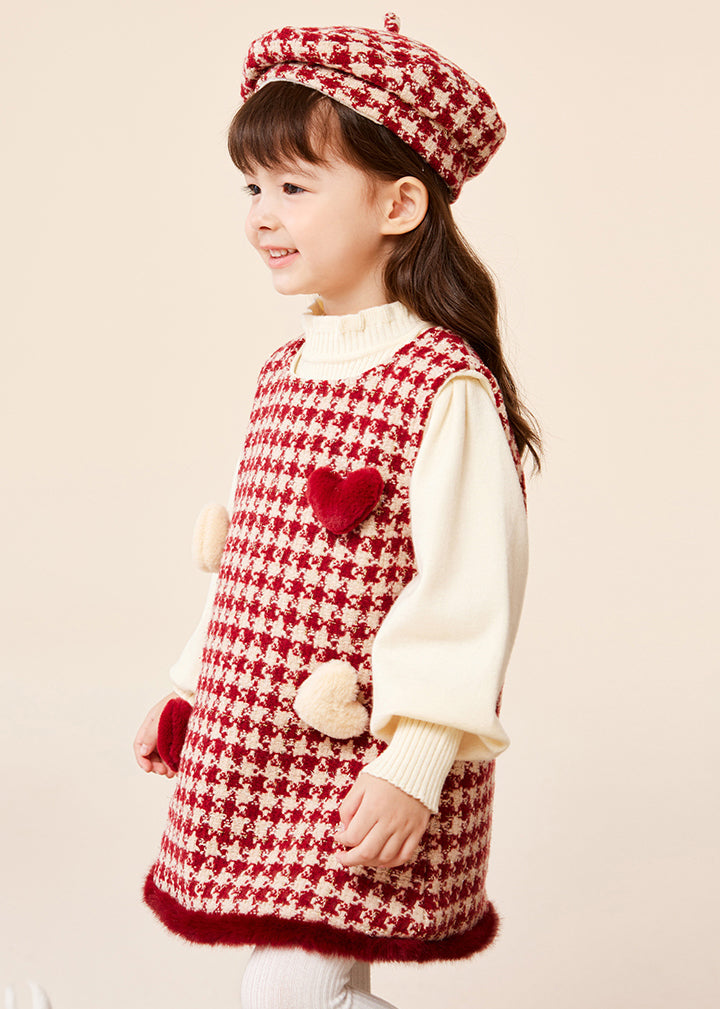 Modern Red Love Kids Hat Warm Dress and Sweaters Three Pieces Set Spring