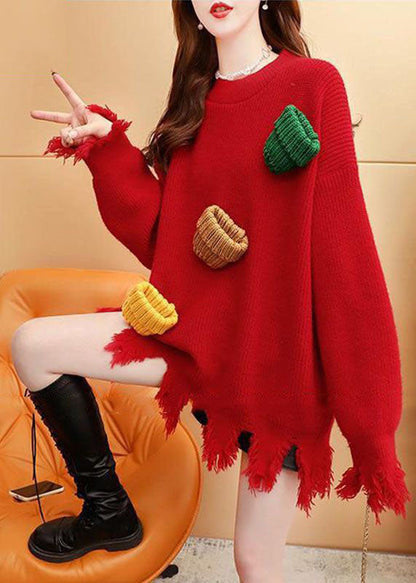 Modern Red O-neck Oversized Tassel Thick Knit Sweater Tops Winter