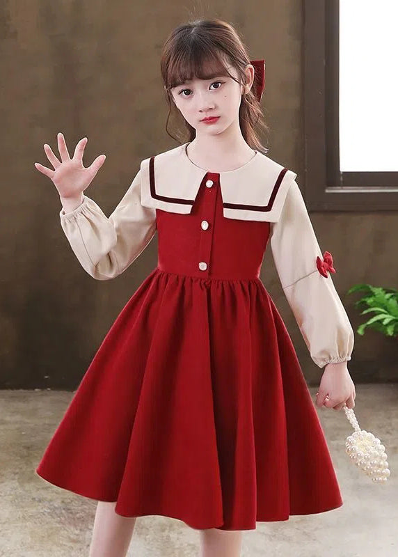 Modern Red O-neck Patchwork Kids Long Dresses Long Sleeve