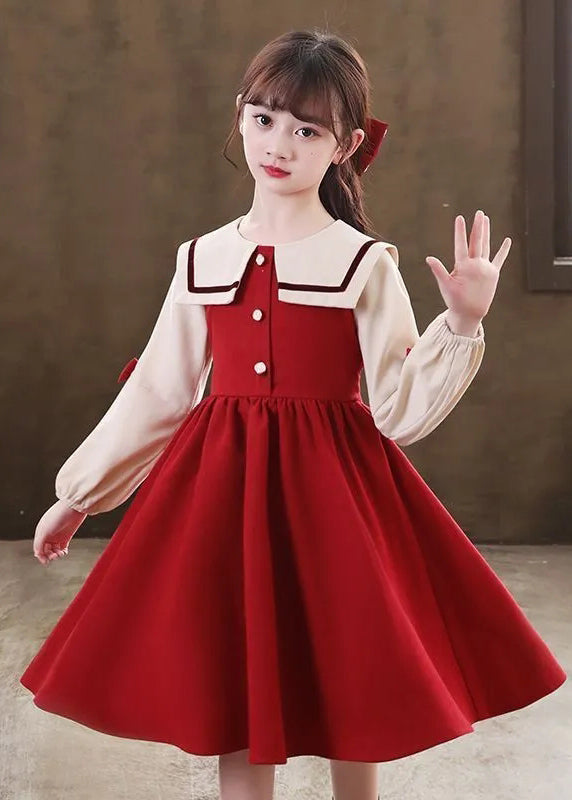 Modern Red O-neck Patchwork Kids Long Dresses Long Sleeve