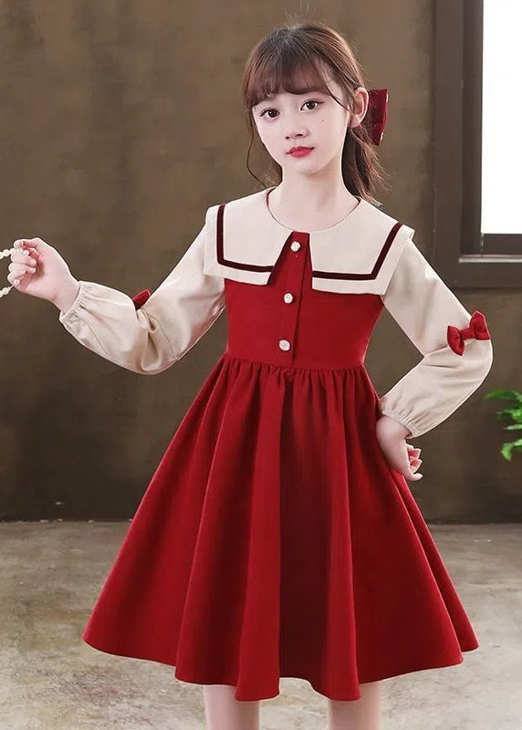 Modern Red O-neck Patchwork Kids Long Dresses Long Sleeve