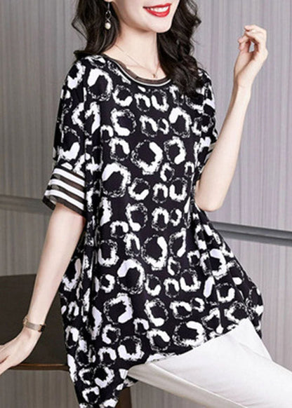 Modern Red O-neck Print Low High Design Chiffon Tops Short Sleeve
