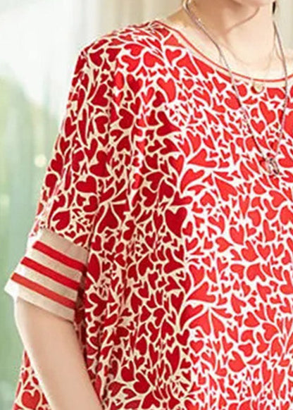 Modern Red O-neck Print Low High Design Chiffon Tops Short Sleeve