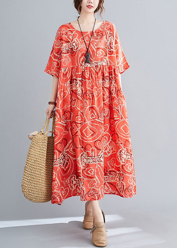 Modern Red O-neck Print Wrinkled Cotton Beach Dress Short Sleeve