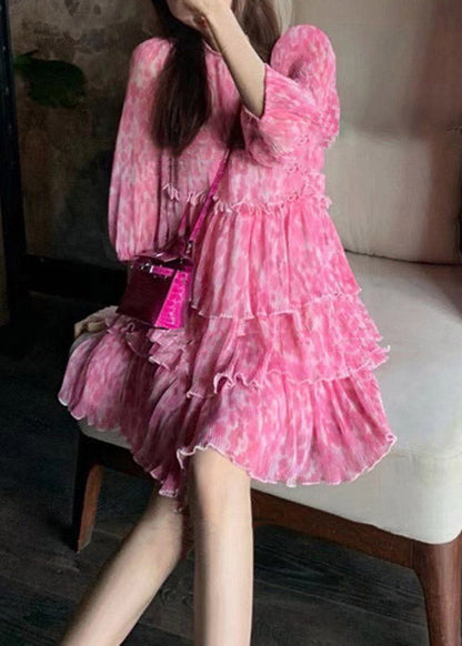 Modern Red O-neck Print Zippered Wrinkled Chiffon Dresses Long Sleeve