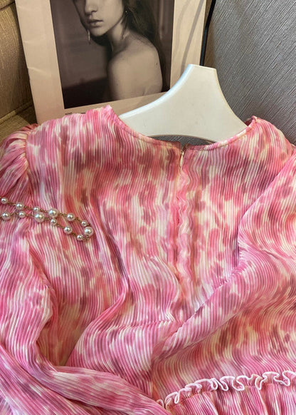 Modern Red O-neck Print Zippered Wrinkled Chiffon Dresses Long Sleeve