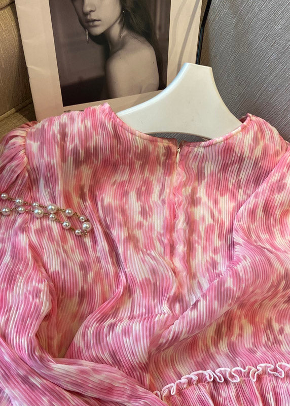 Modern Red O-neck Print Zippered Wrinkled Chiffon Dresses Long Sleeve