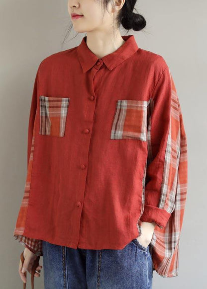 Modern Red Plaid Clothes For Women Lapel Patchwork Spring Top
