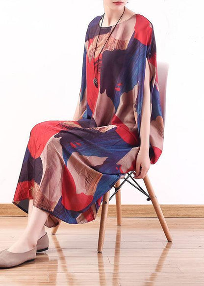 Modern Red Print O-neck Loose Long Chiffon Dress