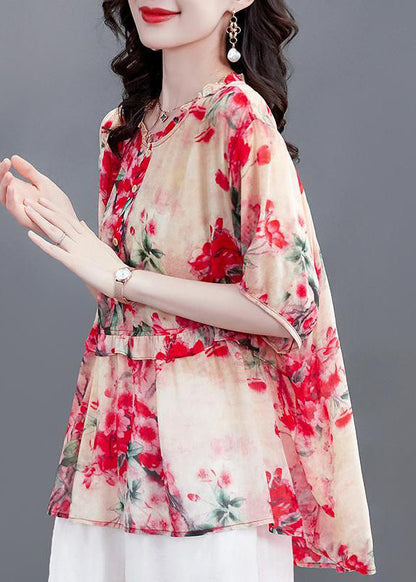 Modern Red Print O-neck Ruffled Chiffon Tops Half Sleeve