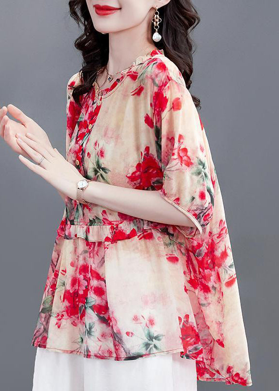 Modern Red Print O-neck Ruffled Chiffon Tops Half Sleeve