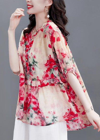 Modern Red Print O-neck Ruffled Chiffon Tops Half Sleeve