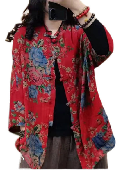 Modern Red Stand Collar Print Button Pockets Cotton Coats Long Sleeve