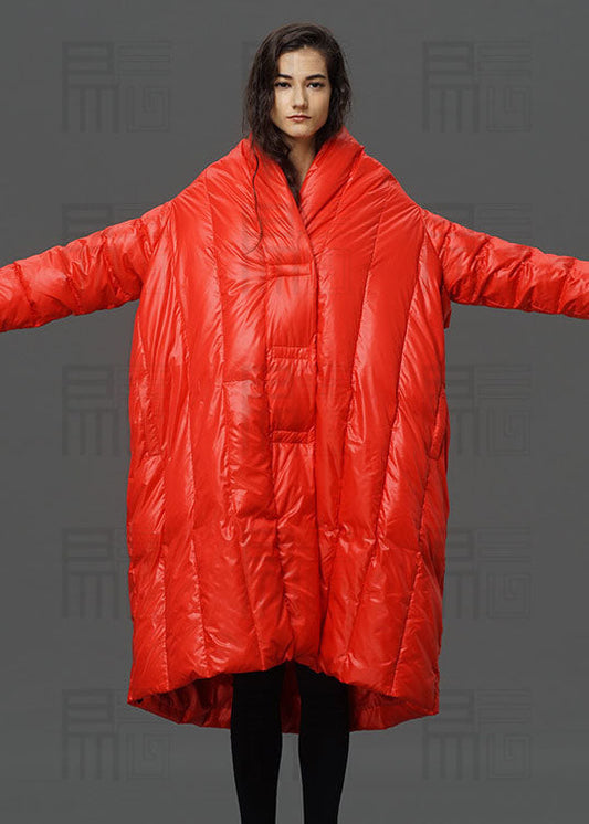 Modern Red Turtle Neck Cloak Sleeves Low High Design Winter Duck Down Coat
