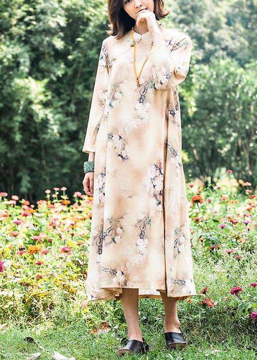Modern Retro Printing Outfit Stand Collar Pockets Dress