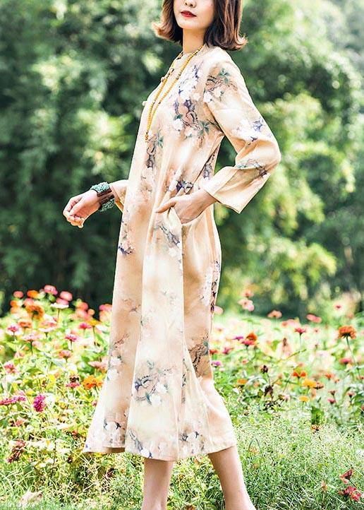 Modern Retro Printing Outfit Stand Collar Pockets Dress