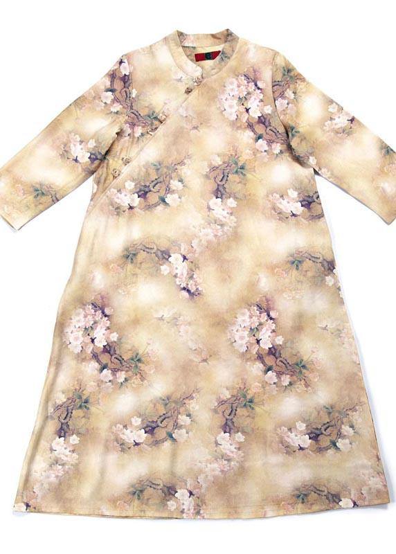 Modern Retro Printing Outfit Stand Collar Pockets Dress