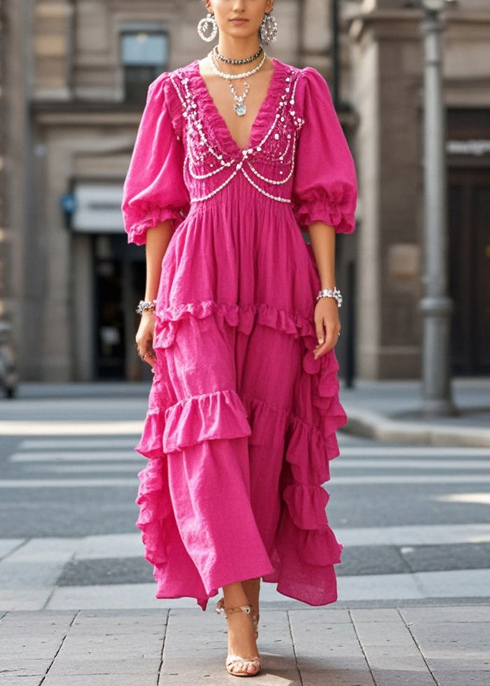 Modern Rose Ruffled Chain Linked Nail Bead Cotton Sundress Summer