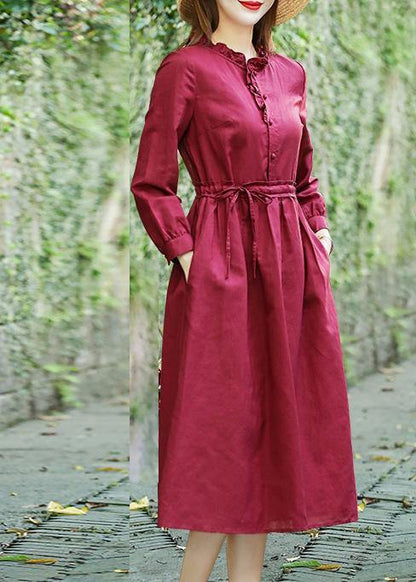 Modern Ruffled Drawstring Spring Tunics Fabrics Red Dress