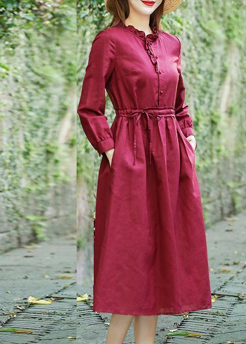 Modern Ruffled Drawstring Spring Tunics Fabrics Red Dress