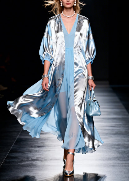 Modern Sky Blue V Neck Patchwork Chiffon Fake Two Piece Dress Summer