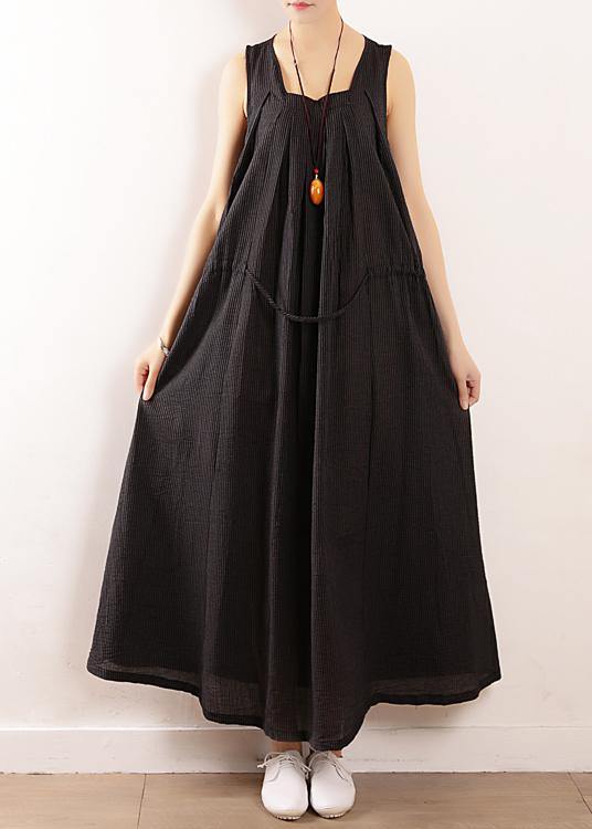 Modern Sleeveless Drawstring Linen Clothes Design Black Cotton Dress Summer