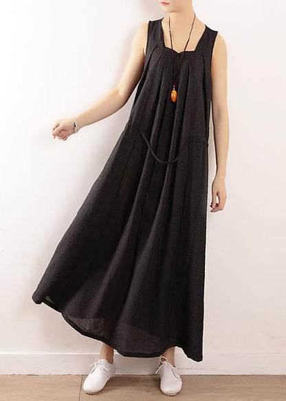 Modern Sleeveless Drawstring Linen Clothes Design Black Cotton Dress Summer