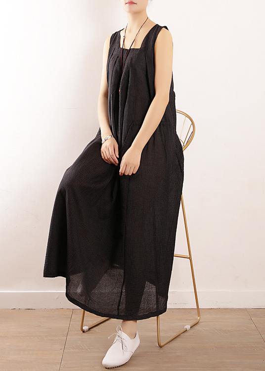 Modern Sleeveless Drawstring Linen Clothes Design Black Cotton Dress Summer