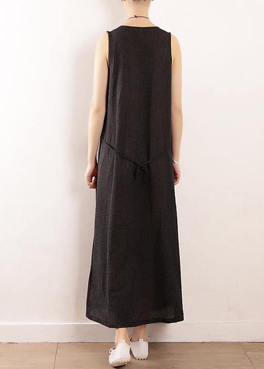 Modern Sleeveless Drawstring Linen Clothes Design Black Cotton Dress Summer