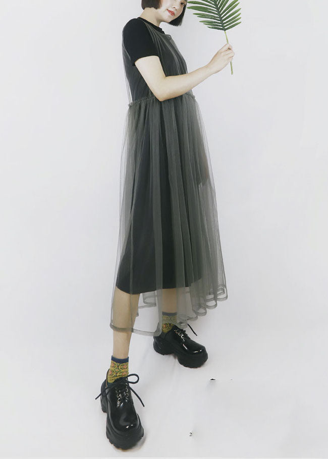 Modern Color Grey O-neck Patchwork Tulle Dress Long Smock Sleeveless