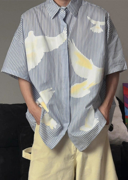 Modern Striped Peter Pan Collar Print Cotton Shirts Summer