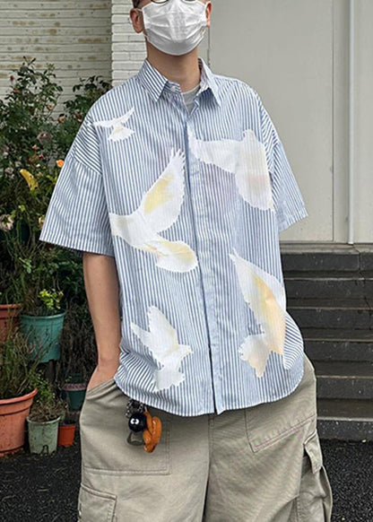 Modern Striped Peter Pan Collar Print Cotton Shirts Summer