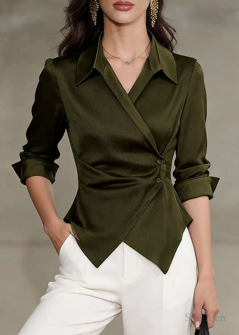 Modern Tea Green Asymmetrical Silk Shirt Tops Spring