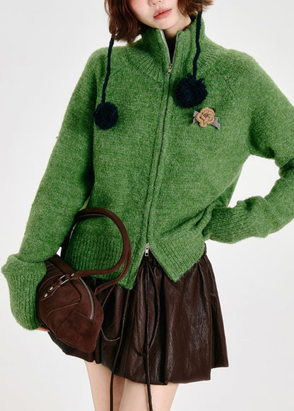 Modern Tea Green Zip Up Knit Cardigans Winter
