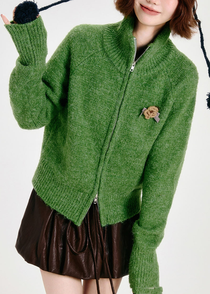 Modern Tea Green Zip Up Knit Cardigans Winter