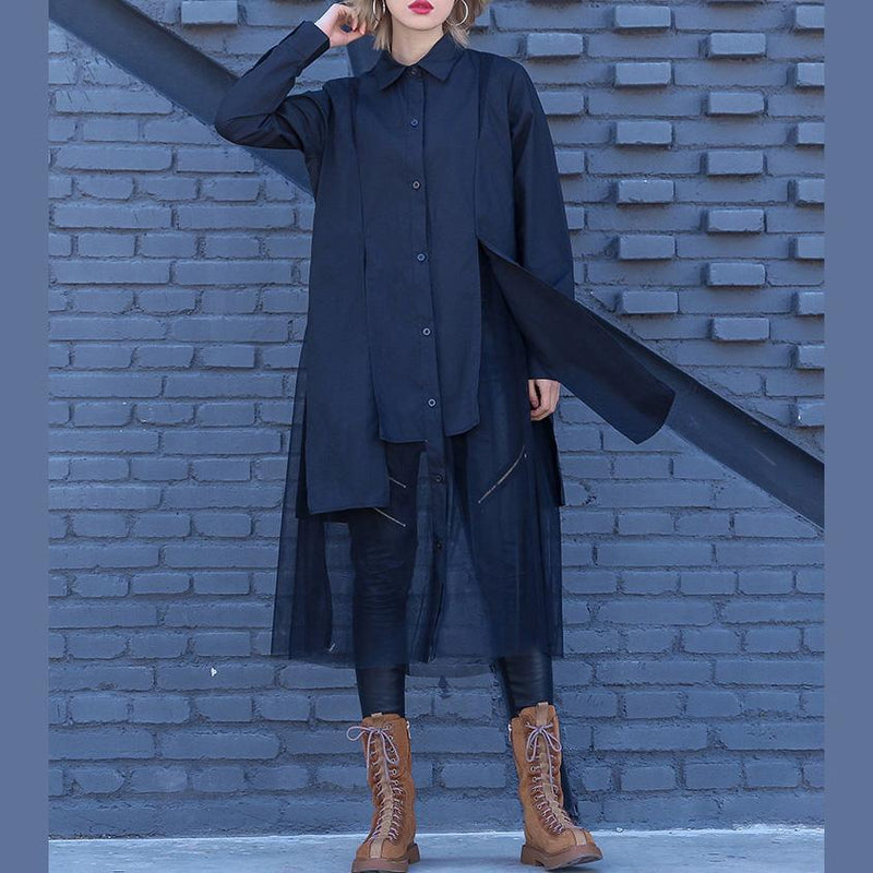 Modern Turn-down Collar Cotton Clothes Pakistani Pattern Black Shift Dress