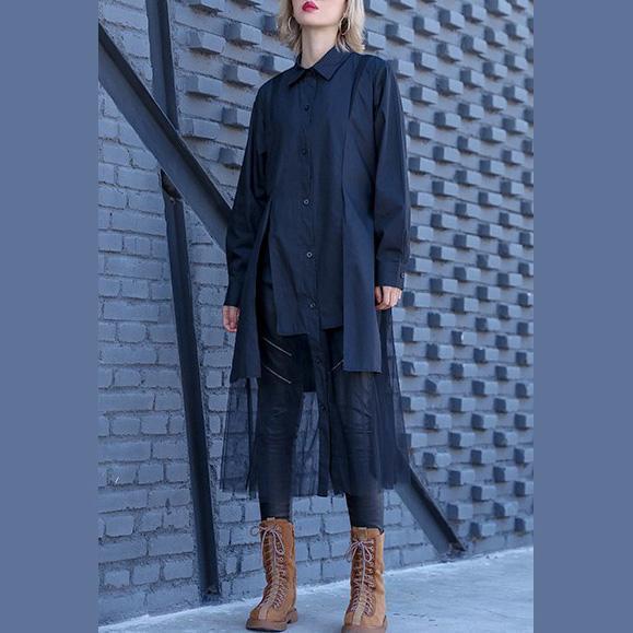 Modern Turn-down Collar Cotton Clothes Pakistani Pattern Black Shift Dress