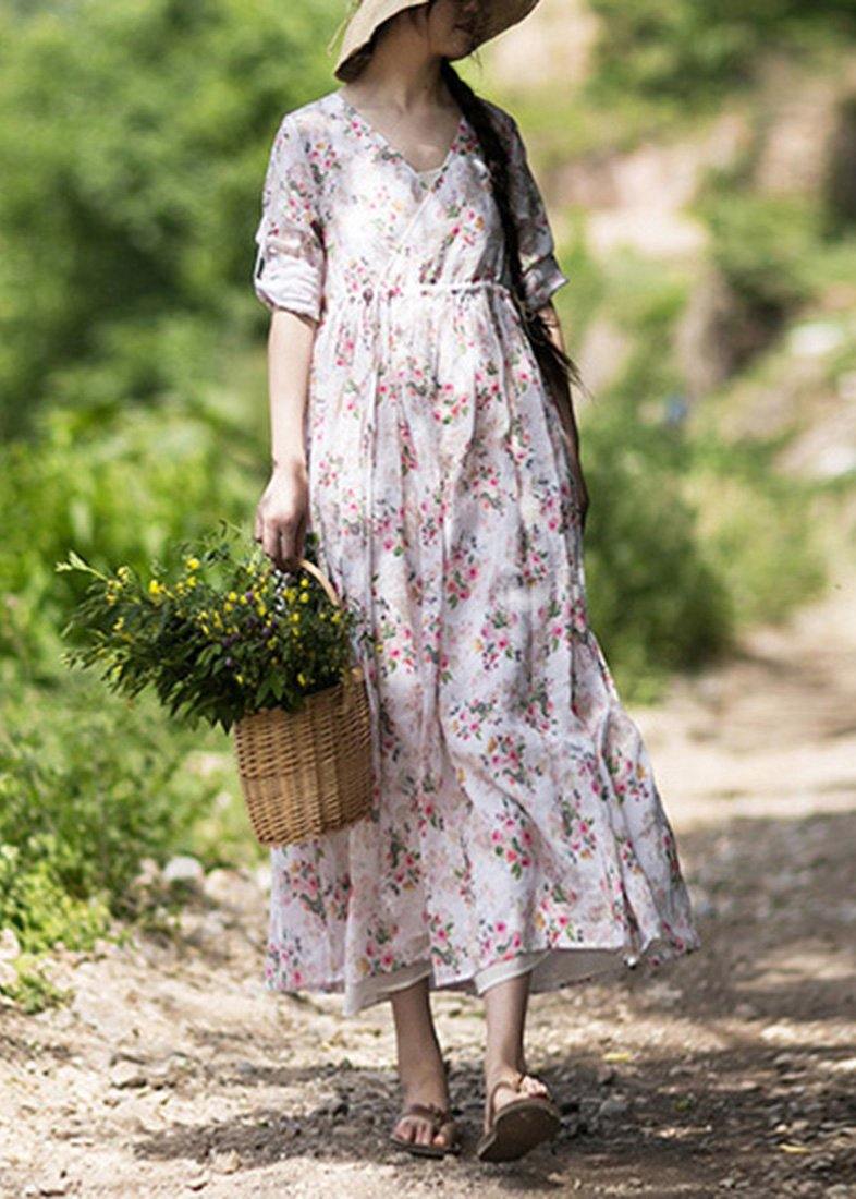 Modern V Neck Drawstring Summer Beige Print Kaftan Dress