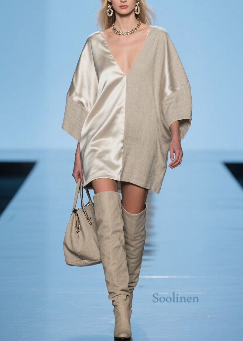 Modern V Neck Patchwork Linen Silk Mid Dress Spring