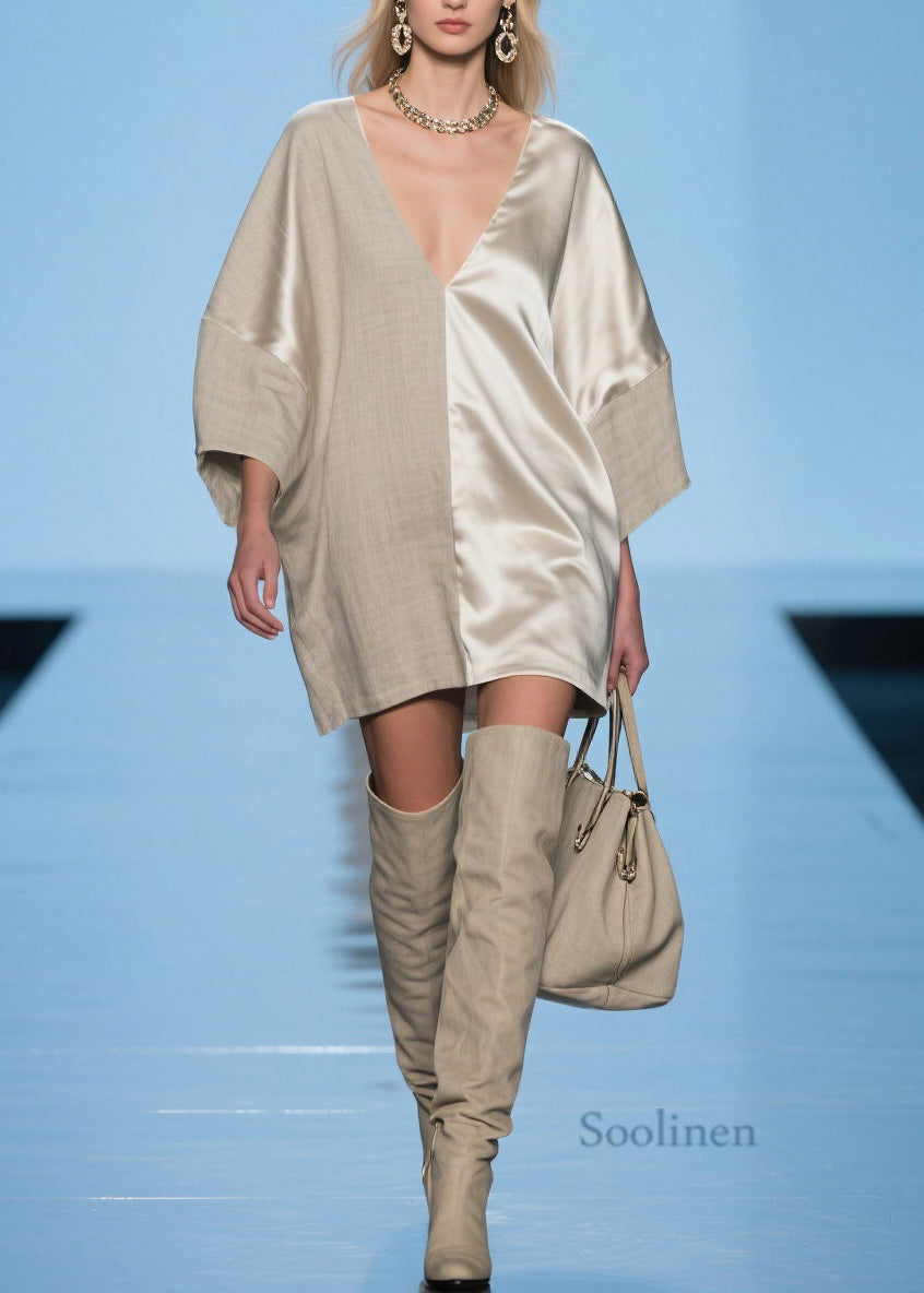 Modern V Neck Patchwork Linen Silk Mid Dress Spring