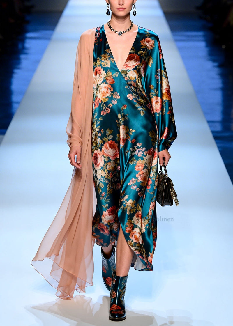 Modern V Neck Print Patchwork Silk Maxi Dresses Spring