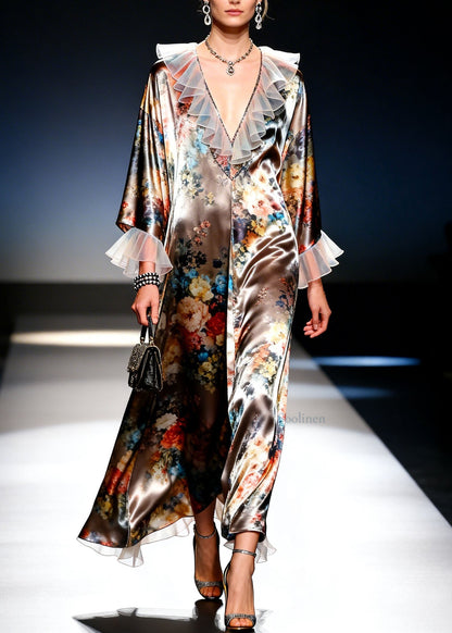 Modern V Neck Print Ruffled Patchwork Silk Dresses Spring