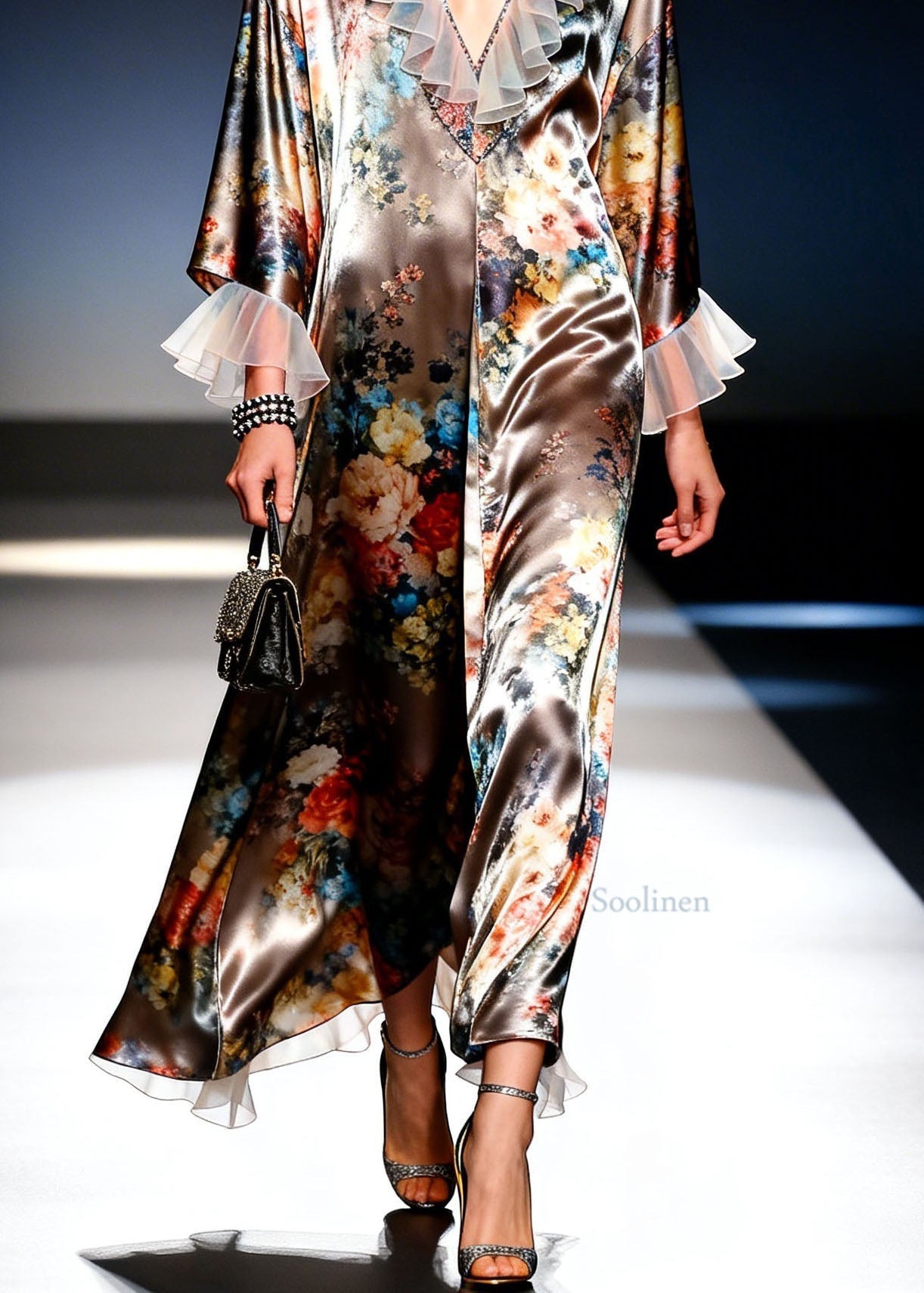 Modern V Neck Print Ruffled Patchwork Silk Dresses Spring