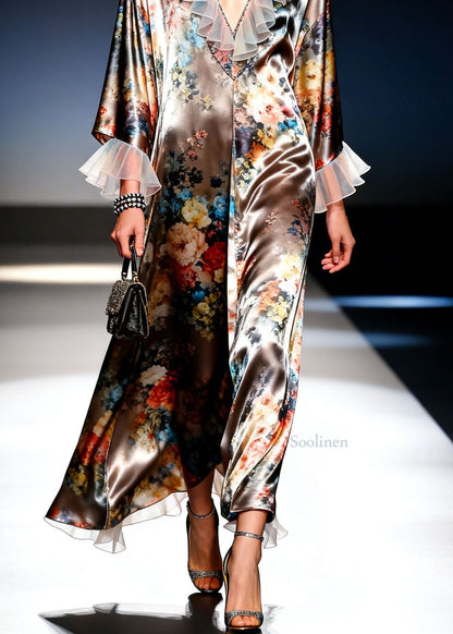 Modern V Neck Print Ruffled Patchwork Silk Dresses Spring