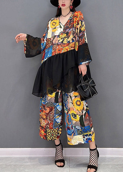 Modern V Neck Print Tulle Patchwork Chiffon Tops and Wide Leg Pants Two Pieces Set Spring